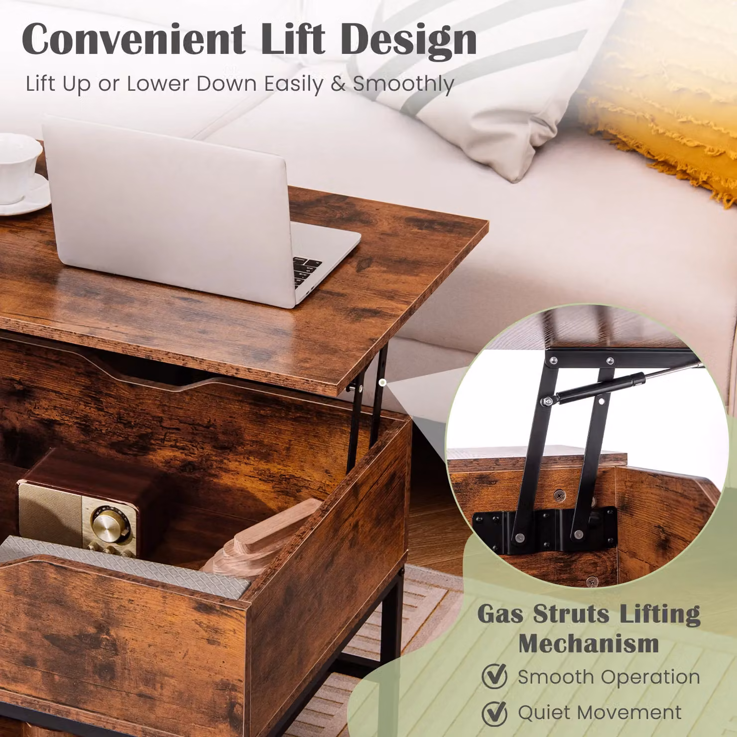 Costway Industrial Lift Top Coffee Table with Removable Shelf in Brown – 4