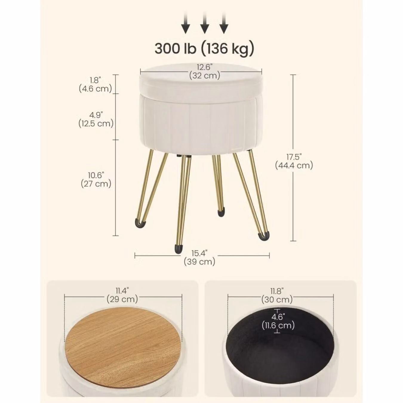 SONGMICS Round Velvet Storage Ottoman Dressing Stool in White with Metal Legs – 2