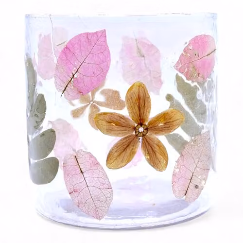 Serenityy Natural Floral Glass Candle Holder, Pink and Gold, W/D/H: 8 x 8 x 8 cm