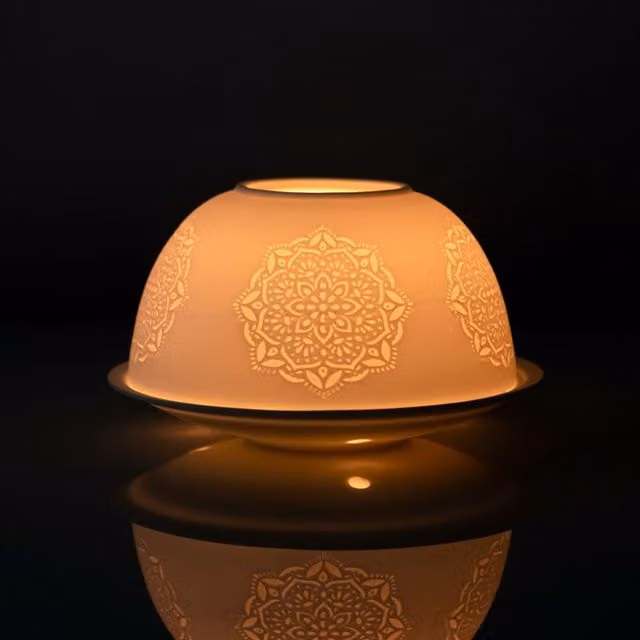 KDMK White Mandala Geometric Ceramic and Glass Round Boho Tabletop Tealight Holder