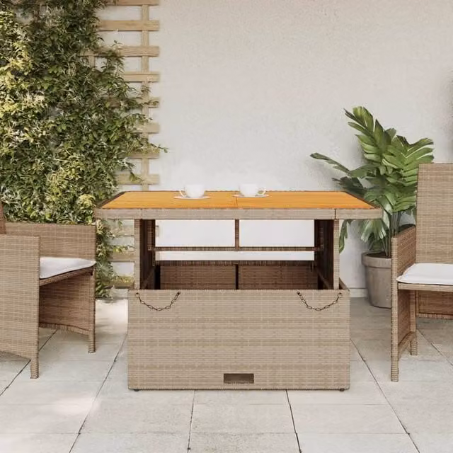Berkfield Home Beige Poly Rattan and Acacia Wood Square Garden Table W/D/H: 110 x 110 x 71 cm