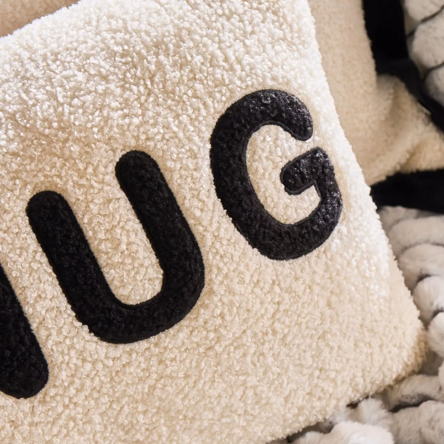 OHS Snug Slogan Decorative Boucle Scatter Cushion, Monochrome Black, White and Beige, W: 50 cm, H: 30 cm – 3