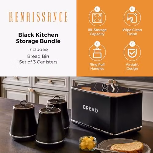 Tower Renaissance Black Bread Bin with 16L Capacity and Set of 3 Airtight Metal Storage Canisters – 2