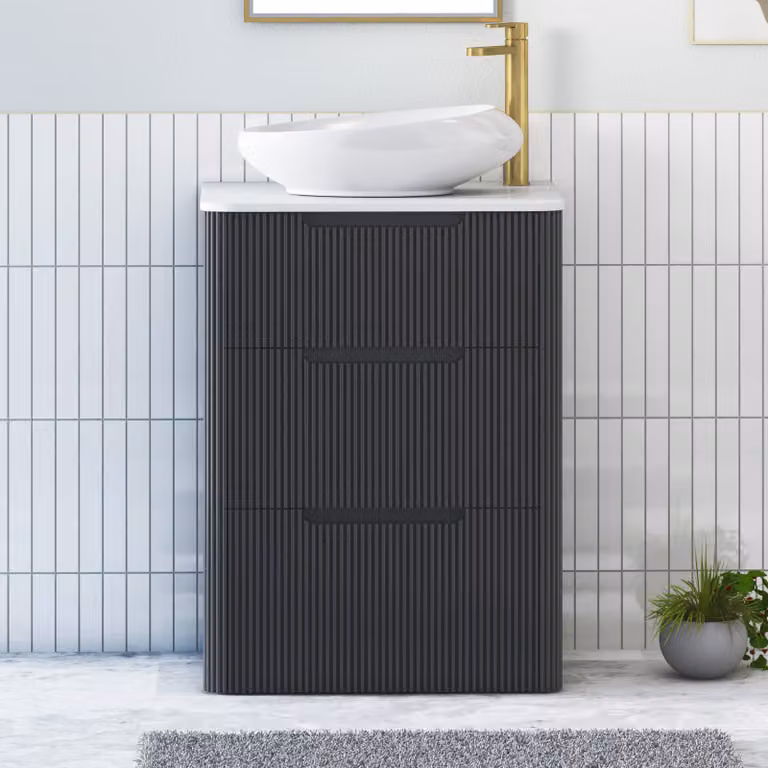 Royal Bathrooms Avenza 600mm Floor Standing 3 Drawer Vanity Unit in Matt Obsidian Black with Plain White Worktop and Nova Basin