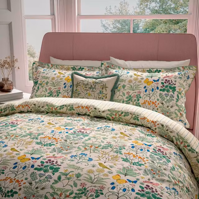 V&A Wild Garden Floral Cotton Duvet Cover and Pillowcase Set, Green and Multicolour, W: 180 cm, L: 200 cm