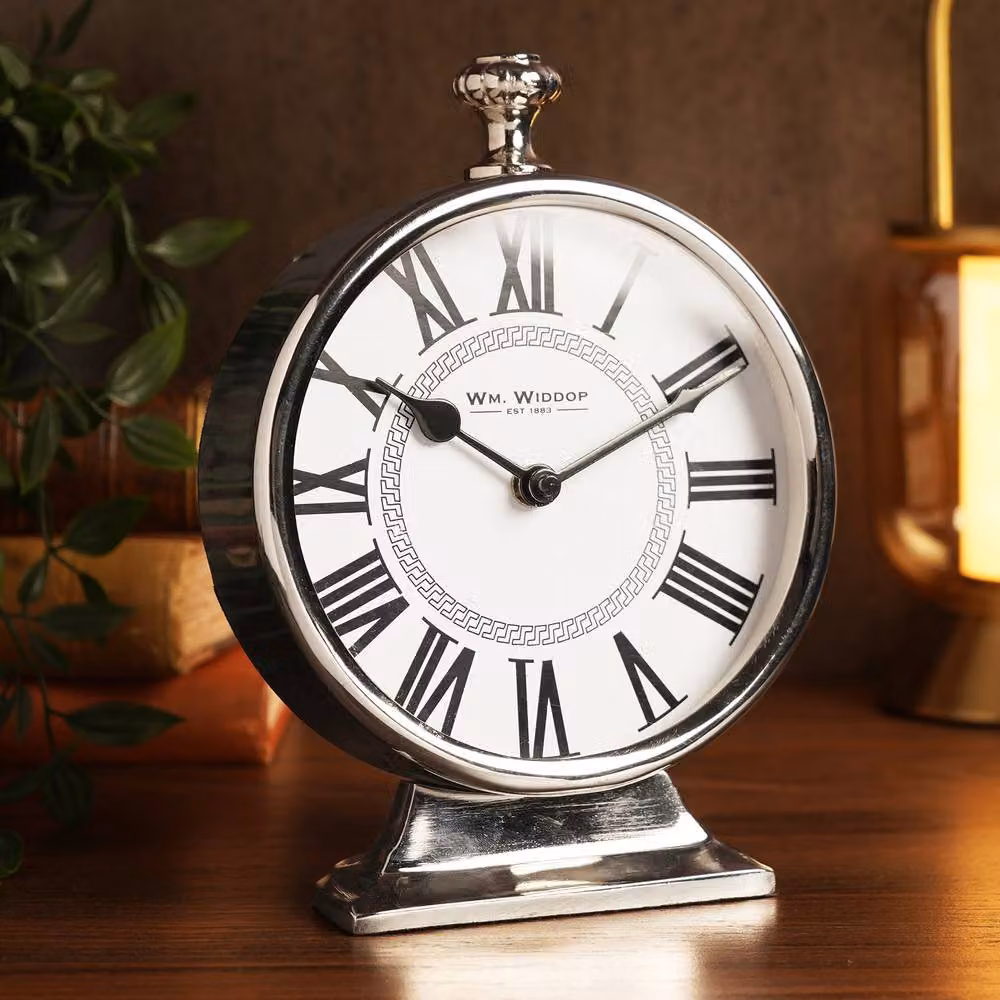William Widdop Round Silver Metal Tabletop Mantle Clock – 2