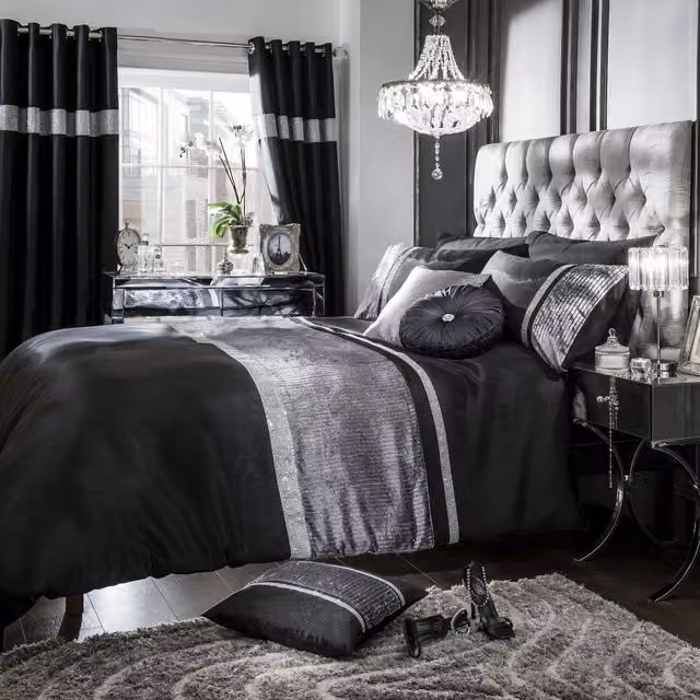 Intimates Black and Silver Crushed Velvet Diamante Duvet Cover and Pillowcase Set, W: 200 cm x D: 200 cm