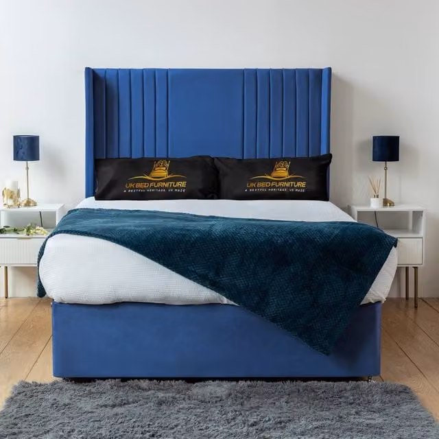 UK Bed Furniture Skyline Wingback Divan Bed Base with 54 Inch Headboard in Blue Velvet, W/D/H: 180 x 200 cm