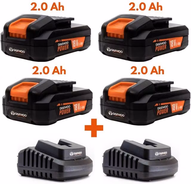 Daewoo U-FORCE 18V Power Tool Accessories Set with 2 x 2.0Ah Batteries and 2 x Chargers in Black and Orange