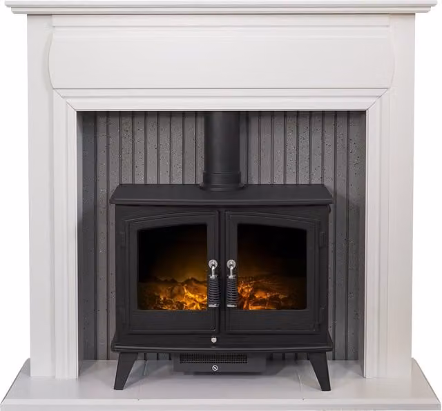 Adam Fires & Fireplaces Florence Stove Fireplace in Pure White and Woodhouse Electric Stove in Black, 48 Inch
