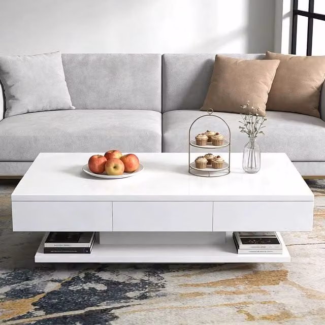 EONLION Modern Glossy White Rectangular Coffee Table with Drawer, Width: 100 cm – 1