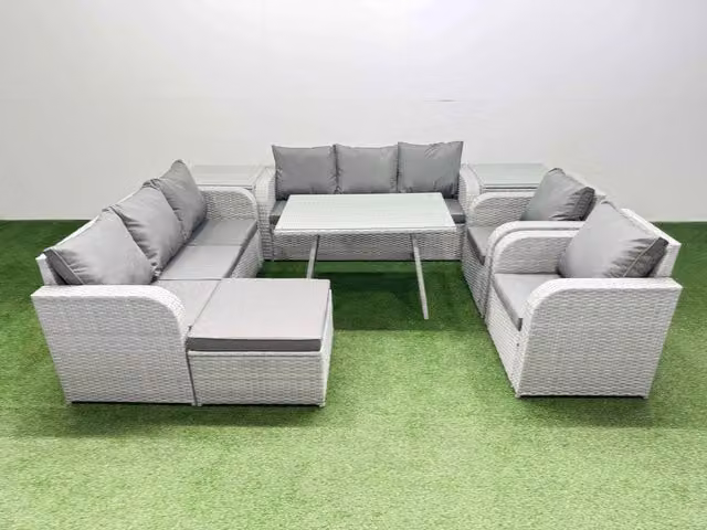 Fimous Rattan High Back Lounge Sofa Set with Reclining Chairs and 2 Side Tables in Light Grey