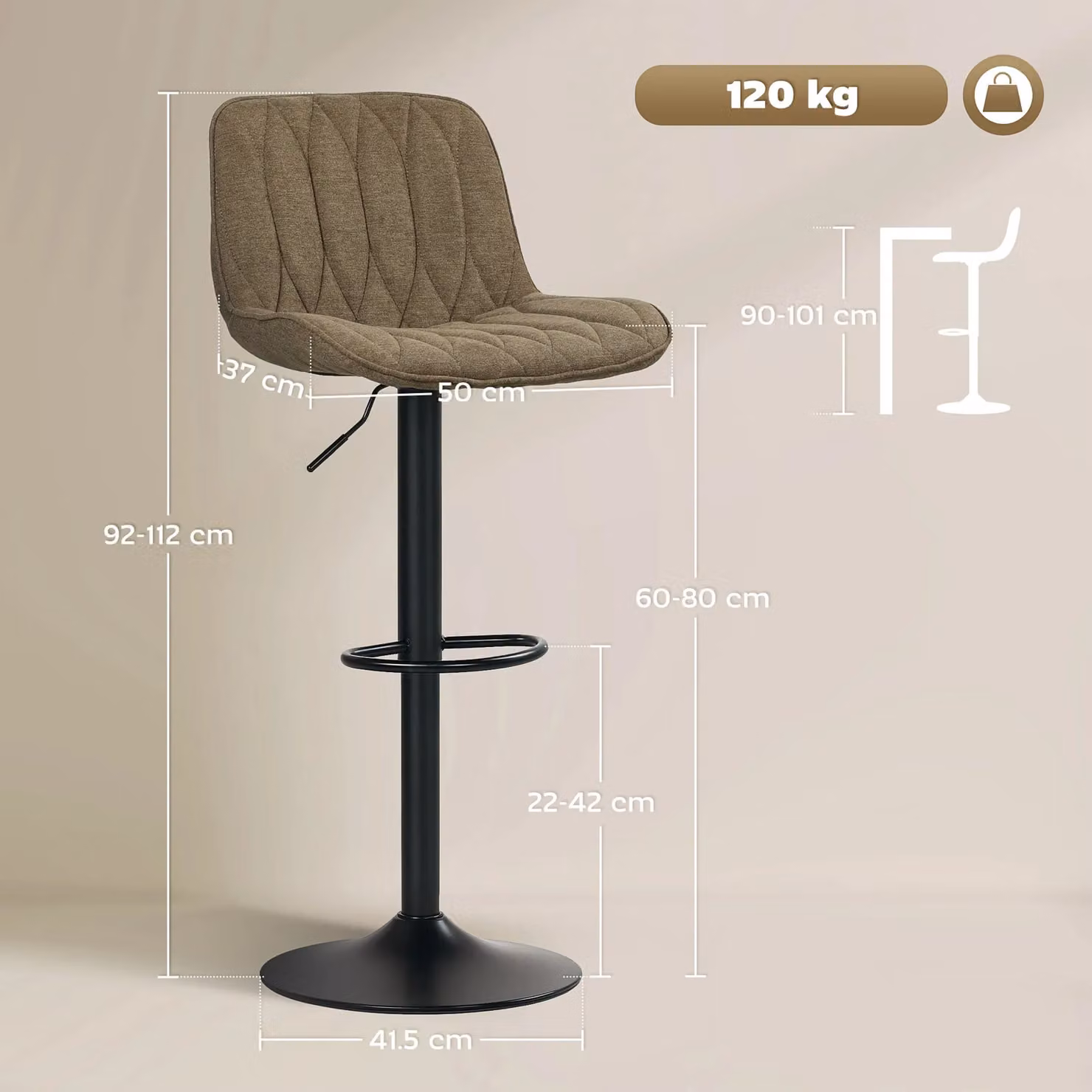 HOMCOM Set of 2 Modern Armless Bar Stools in Brown – 3