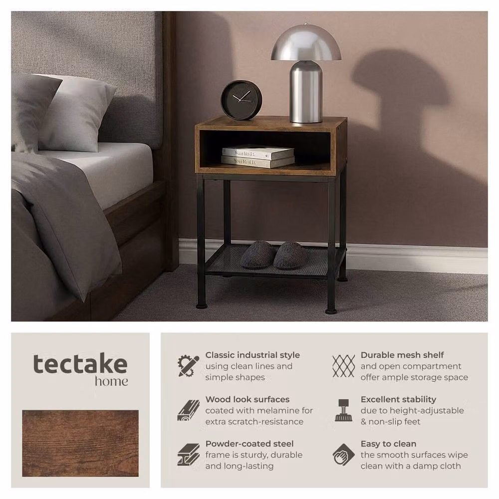 tectake Harlow Bedside Table in Brown Rustic Wood and Metal – 2