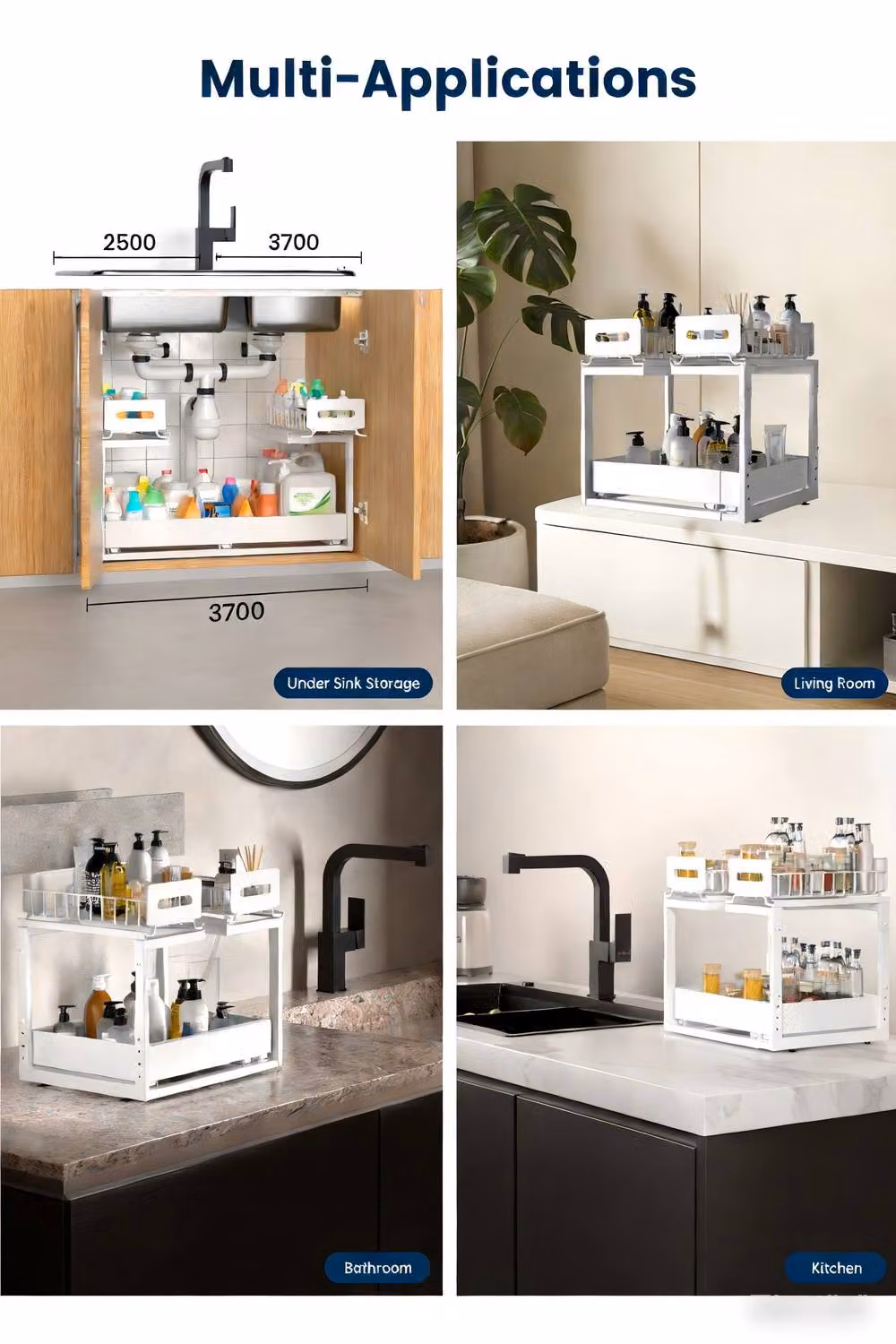 JANLEMNY Extendable 2-Tier Under Sink Organiser, White, Medium – 4