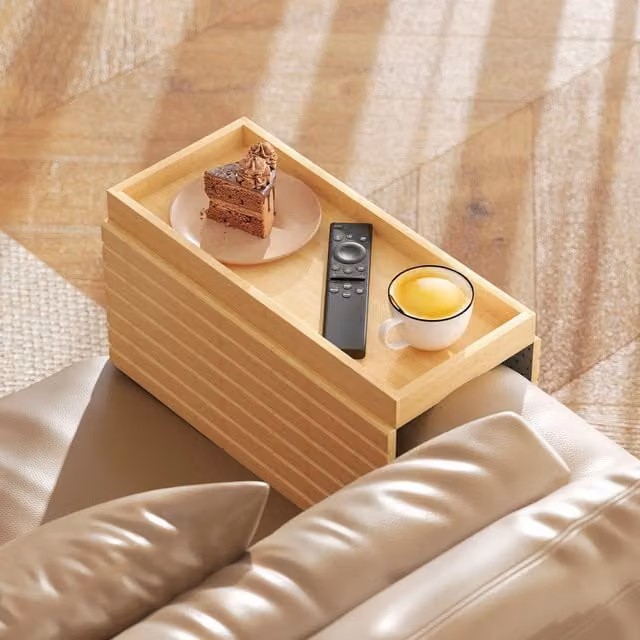 HOMCOM Foldable Anti-Slip Bamboo Sofa Armrest Tray in Natural Wood Finish