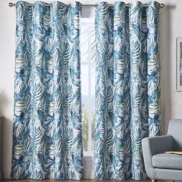 Terrys Malay Blackout Ready Made Eyelet Curtains in Green Floral Polyester