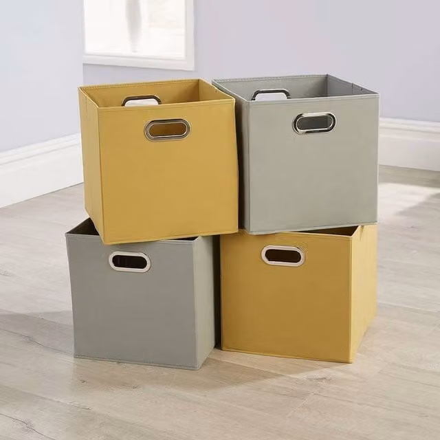FLAVORA 4 Pack Foldable Non Woven Fabric Storage Cubes in Grey and Yellow, W/D/H: 50 x 50 x 50 cm