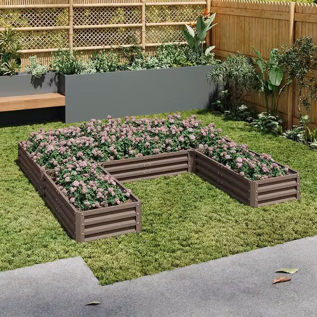 Livingandhome U-shaped Metal Raised Garden Bed with 5 Compartments in Brown