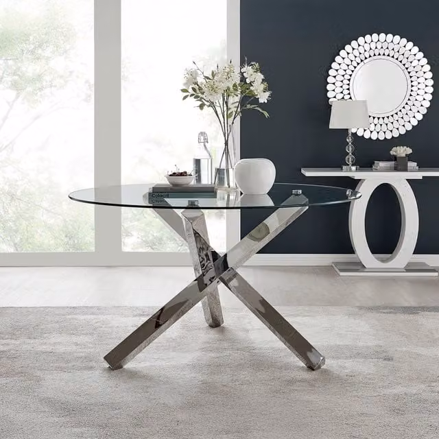 FurnitureboxUK Vogue Large Round Dining Table with Chrome Metal Base and Clear Glass Top, Grey