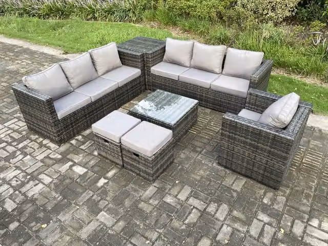 Fimous 9 Seater Rattan Garden Furniture Set in Dark Grey with U-Shape Sofa, Armchair, Coffee Table and Ottomans