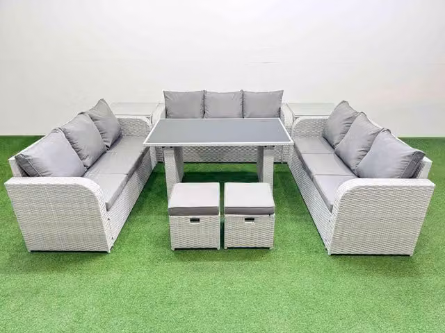 Fimous Modern Rattan Garden Furniture Set with 2 Side Tables and Small Stool in Light Grey