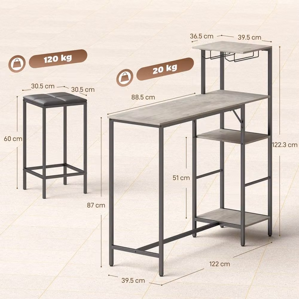 STILVORA 3-Piece Modern Grey Breakfast Bar Set with Storage and Stools – 3