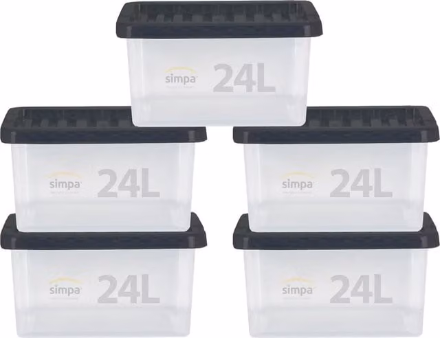 Simpa Set of 5 Stackable Plastic Storage Boxes with Lids, 24L, Transparent – 1