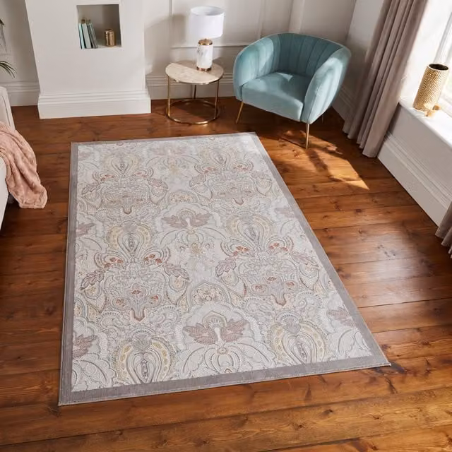 Laurence Llewelyn-Bowen Damask Rectangular Polyester Rug in Pearl, Grey and Multicolour