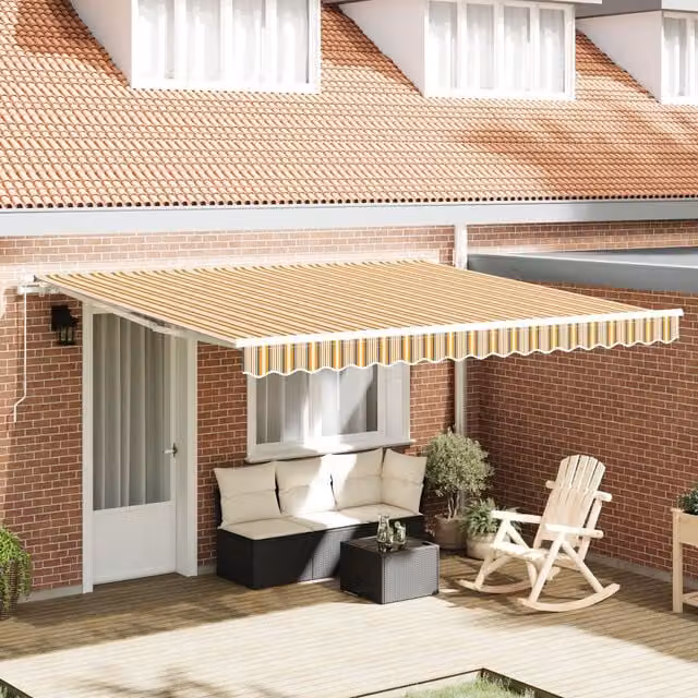 Berkfield Home Manual Retractable Wall-Mounted Awning with Multicolour Yellow, Green and White Stripes, W: 400 cm, D: 300 cm – 1