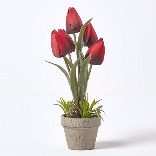 Homescapes Red Artificial Tulips in a Grey Decorative Stone Pot, Height: 27 cm
