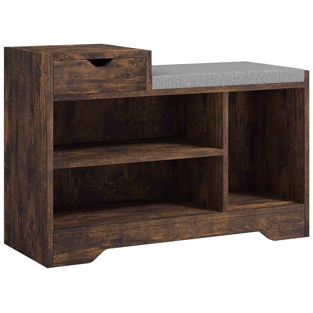 Wyld Haus Nata Rustic Brown Shoe Bench with Grey Cushioned Seat and Multi Compartments W/D/H: 76.5 x 30 x 52 cm – 2