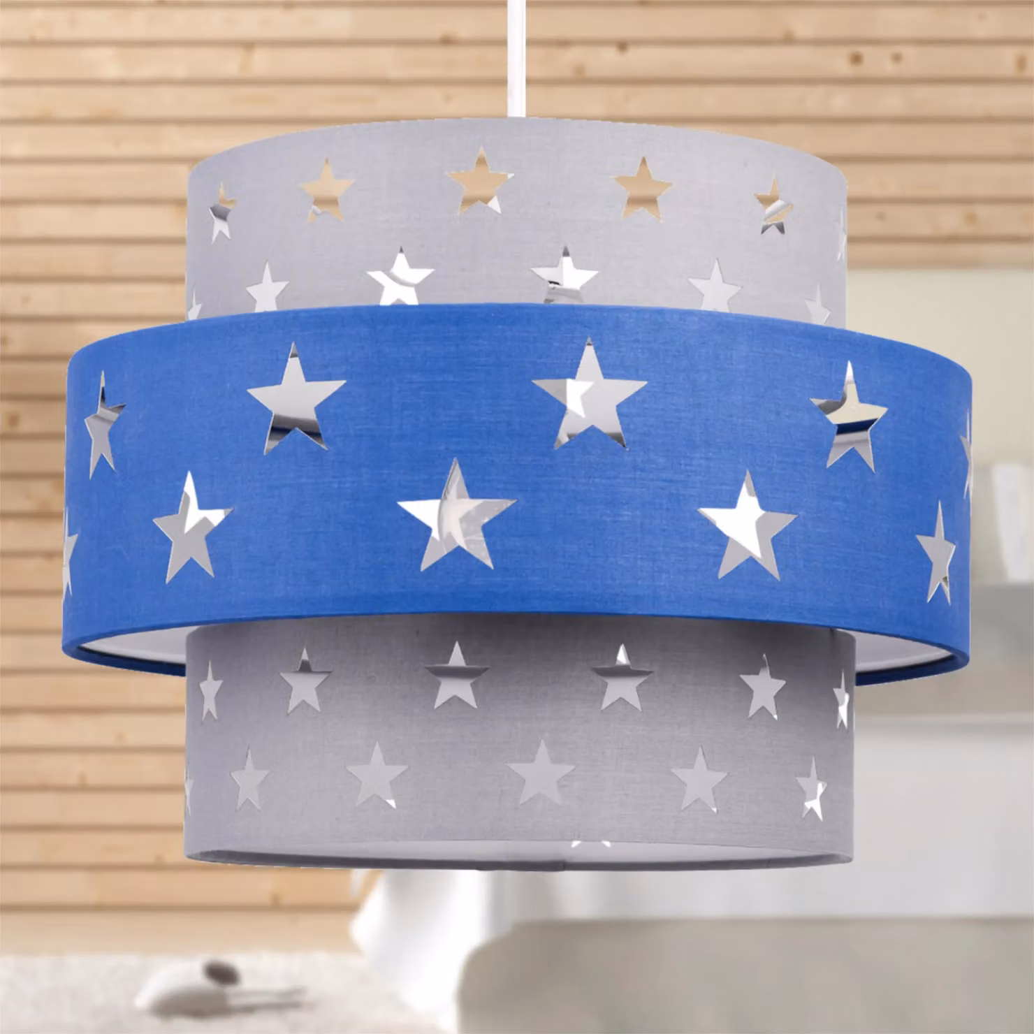 First Choice Lighting Pair of Navy Blue and Grey Star Two Tier Fabric Easy Fit Light Shades – 4