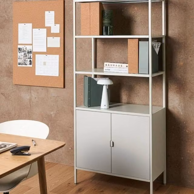 Wyld and Coco Modern Grey Metal Office Cabinet with Hinged Doors and Internal Shelves, H 180 x W 40 x D 40 cm