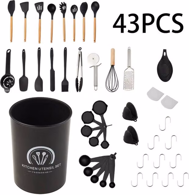 Living and Home 43-Piece Black Silicone Kitchen Cooking Utensil and Cookware Set – 1