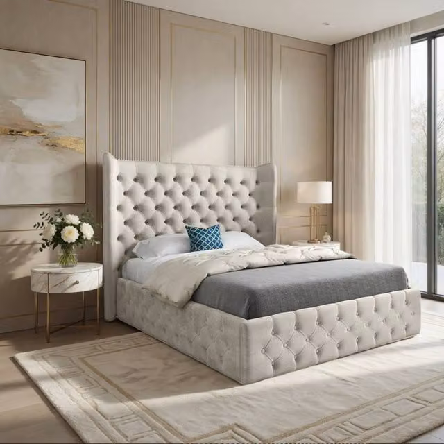 KDMD Ledbury Wide Winged Upholstered Designer Bed Frame in Beige Soft Velvet, W/D/H: 137 x 120 x 113 cm – 1