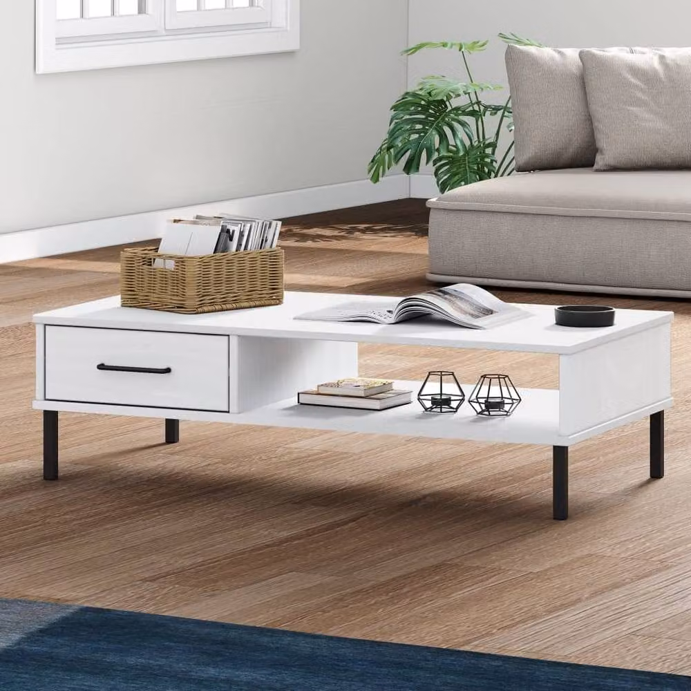 Berkfield Home Oslo White Solid Pine Coffee Table with Metal Legs – 1