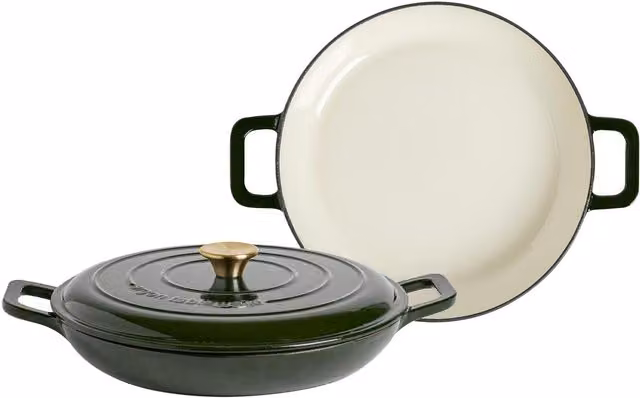 Argon Tableware Pack of 2 Shallow Cast Iron Casserole Dishes in Green