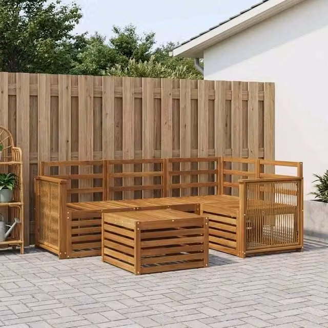 Berkfield Home 5 Piece L-Shape Outdoor Sofa Set in Brown with Acacia Wood Frame and UV-Resistant Polyester Cushions, W/D/H: 59 x 59 x 37 cm