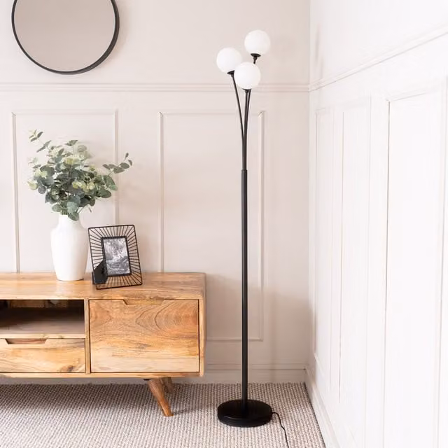 ValueLights Velika 3 Arm Glass Globe Floor Lamp in Black and Chrome