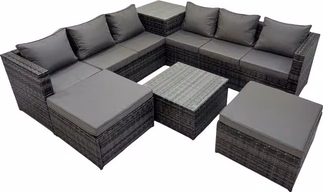 Fimous 8 Seater L-Shape Rattan Garden Furniture Set in Dark Grey with Upholstered Cushions, Coffee Table and 2 Ottomans – 1
