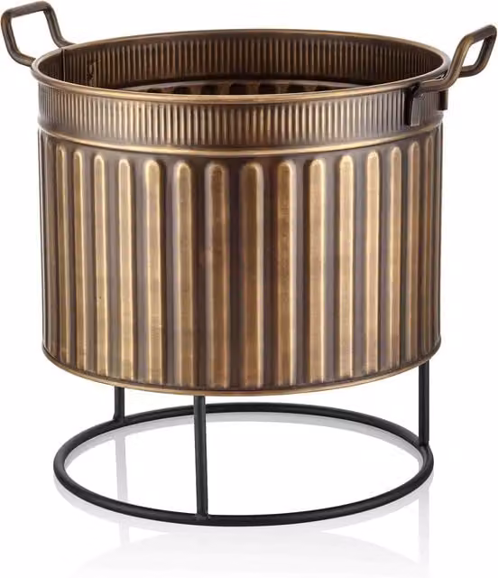The Mia UK Mia Gold Striped Metal Plant Pot, Gold, Height: 37 cm, Width: 37 cm, Depth: 37 cm