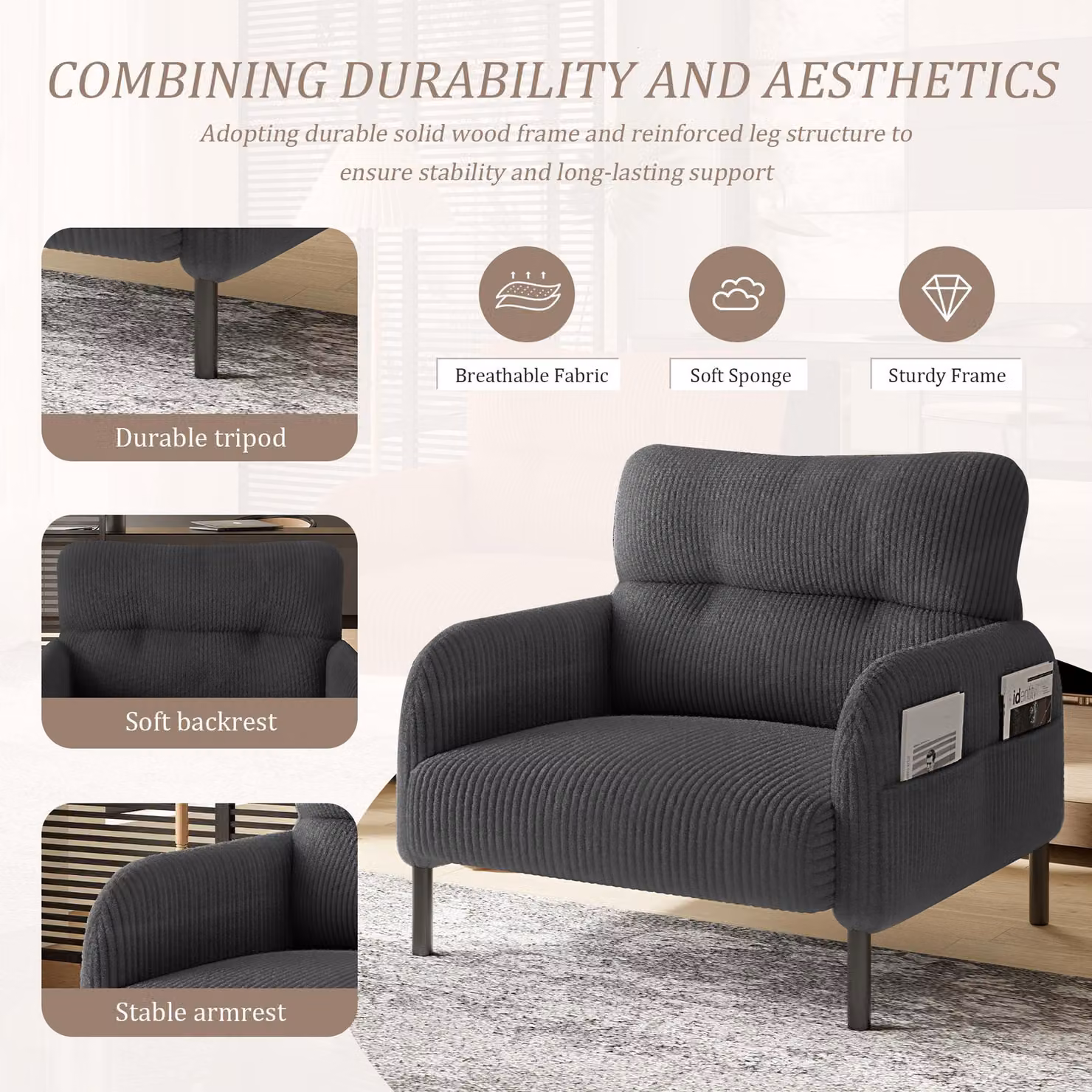 Aosom UK Grey Corduroy Single-Seater Armchair with High-Density Foam Cushion and Storage Pockets, W/D/H: 75 x 67 x 79 cm – 5