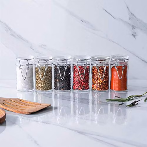 Argon Tableware 6 Pack Glass Spice Jars with Airtight Metal Clip Lids and Chalkboard Stickers, 70ml, Multicolour and Transparent – 1