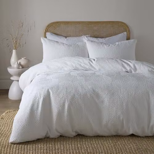 Serene Embossed Geo Duvet Cover Set in White, Double: 1 Duvet Cover (200 x 200 cm) and 2 Pillowcases (50 x 75 cm)