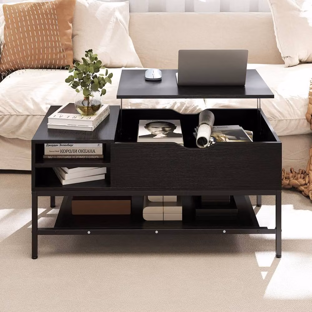 Costway Modern Rectangular Lift Top Coffee Table with Storage Shelf in Black – 4