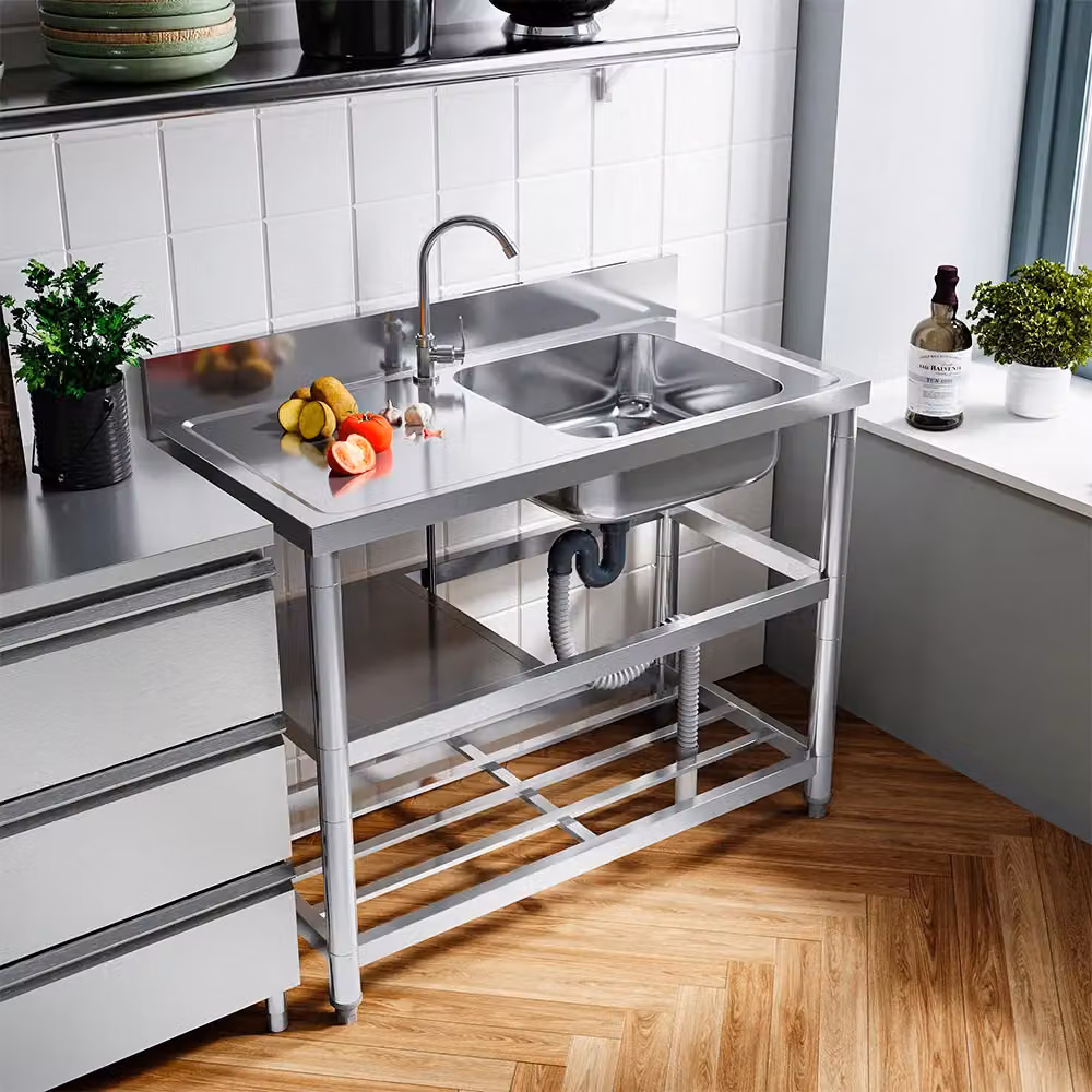 H&O Direct Stainless Steel Single Basin Sink with Shelves in Silver – 3