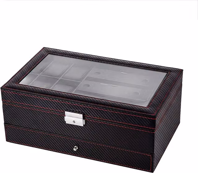 Black PU Leather 6-Slot Watch Box and Jewelry Case with Drawer