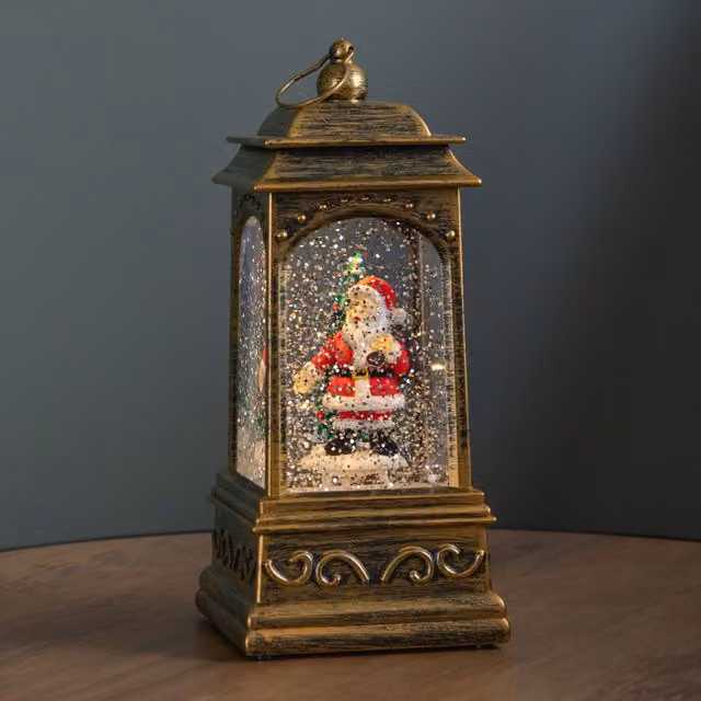 Samuel Alexander Rustic Gold and Bronze Christmas Water Spinner Decoration with Santa Scene and LED Lights, Height: 21 cm