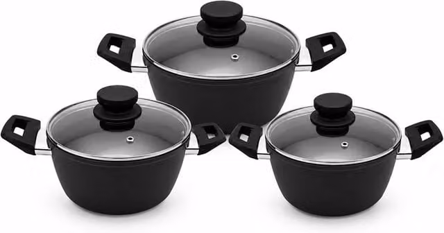 Royalford 3 Piece Non-Stick Ceramic Casserole Set with Lids, Induction Ready, Black